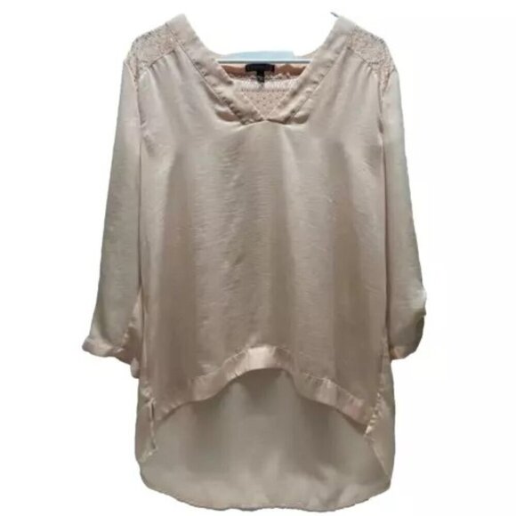Express Blouse Women's Large Light Peach V-Neck Tunic 3/4 Sleeve Lace Back EUC - Picture 1 of 14